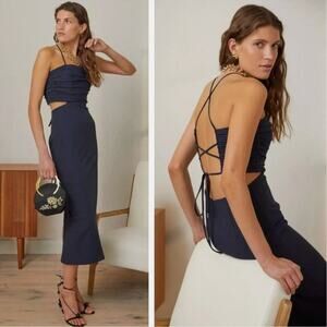 Cinq A Sept Judy Navy Blue Strappy Cutout Midi Dress